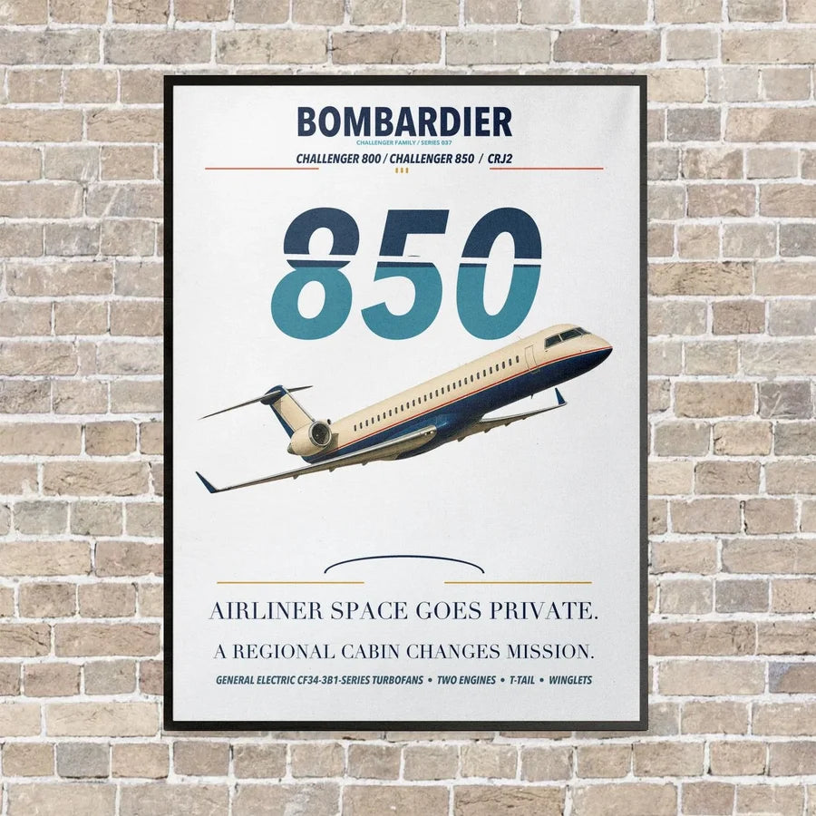 Bombardier Challenger 850 vertical canvas print - framed - white background