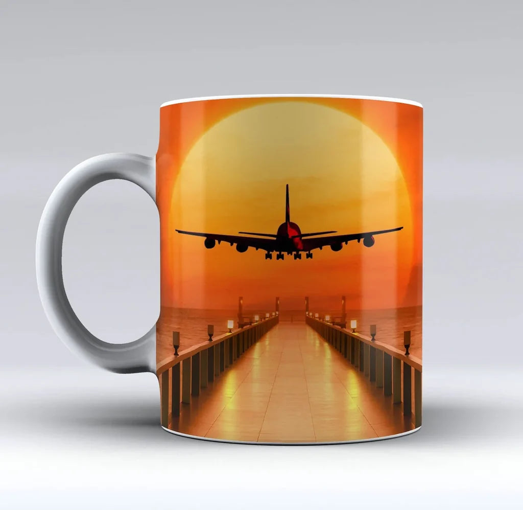 Airbus A380 Towards Sunset aviation design on ceramic mug, premium ceramic with glazed finish.
