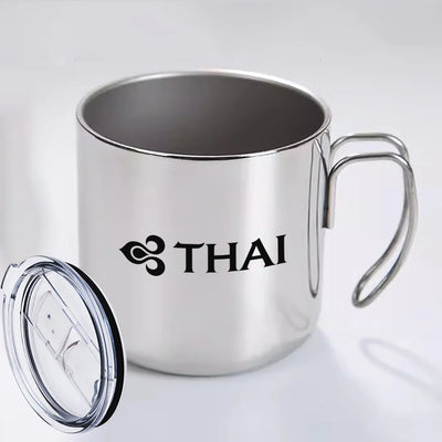 Thai Airways aviation design on portable mug, vacuum-insulated double-wall.