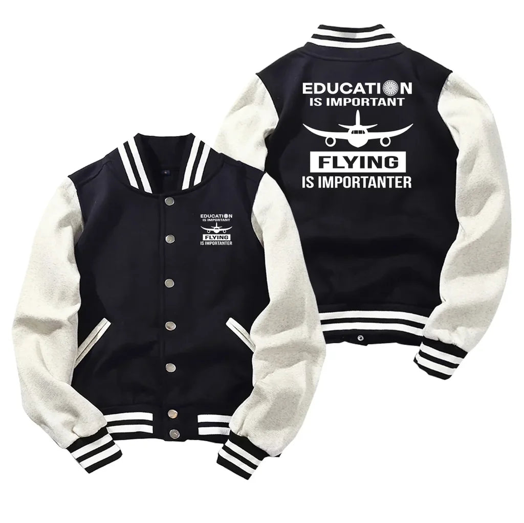 Flying is Importanter Baseball Style aviation design printed on two-tone shell with ribbed cuffs baseball jacket.