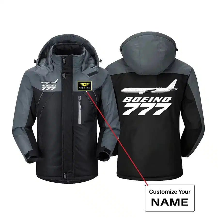 The Boeing 777 aviation design printed on heavyweight insulated shell thick winter jacket.