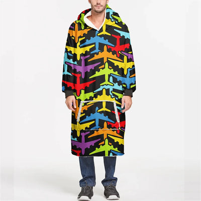 Super Colourful Airplanes aviation design on soft fleece blanket hoodie.