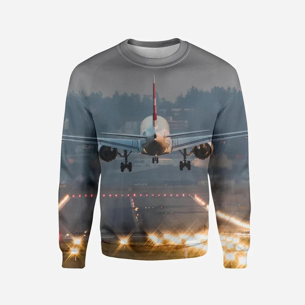 Magnificent Airplane Landing Printed aviation design printed on soft cotton blend 3D sweatshirt.