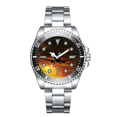 Side view of Beautiful Aircraft Landing at Sunset Luxury Aviators aviation aviator watch in premium stainless steel, polished.