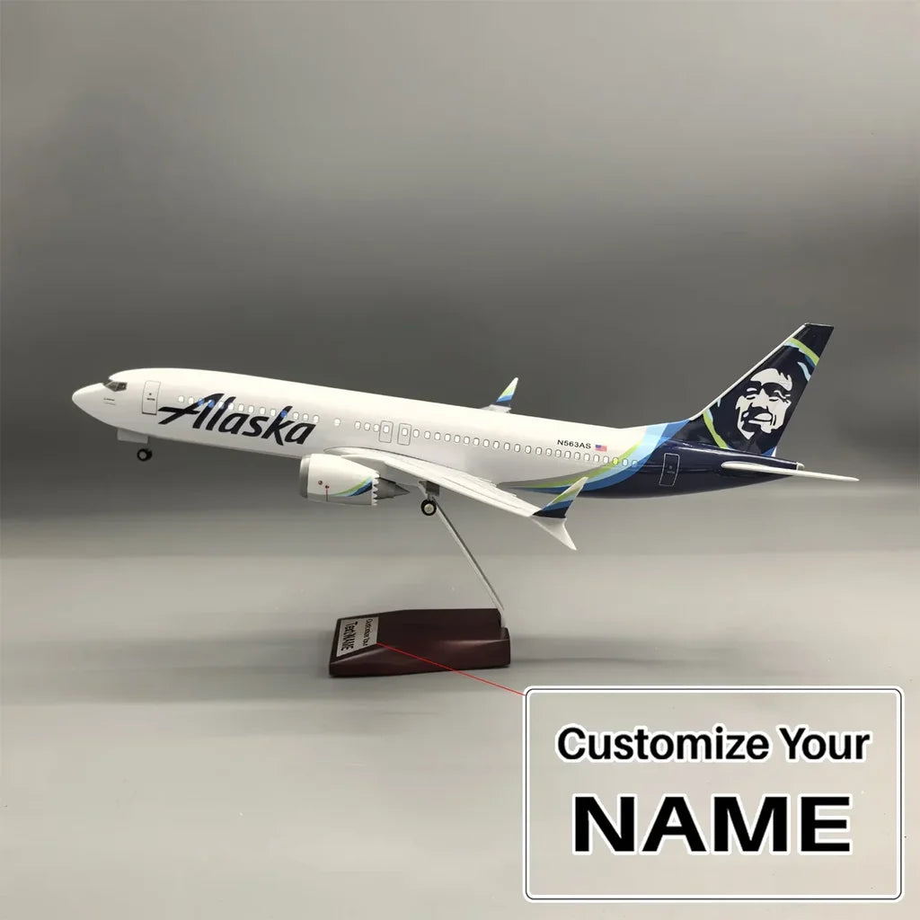 Side view of Alaska Airlines Boeing 737 MAX Airplane Model (1/85 Scale 47cm) aviation LED model airplane in diecast metal wit.
