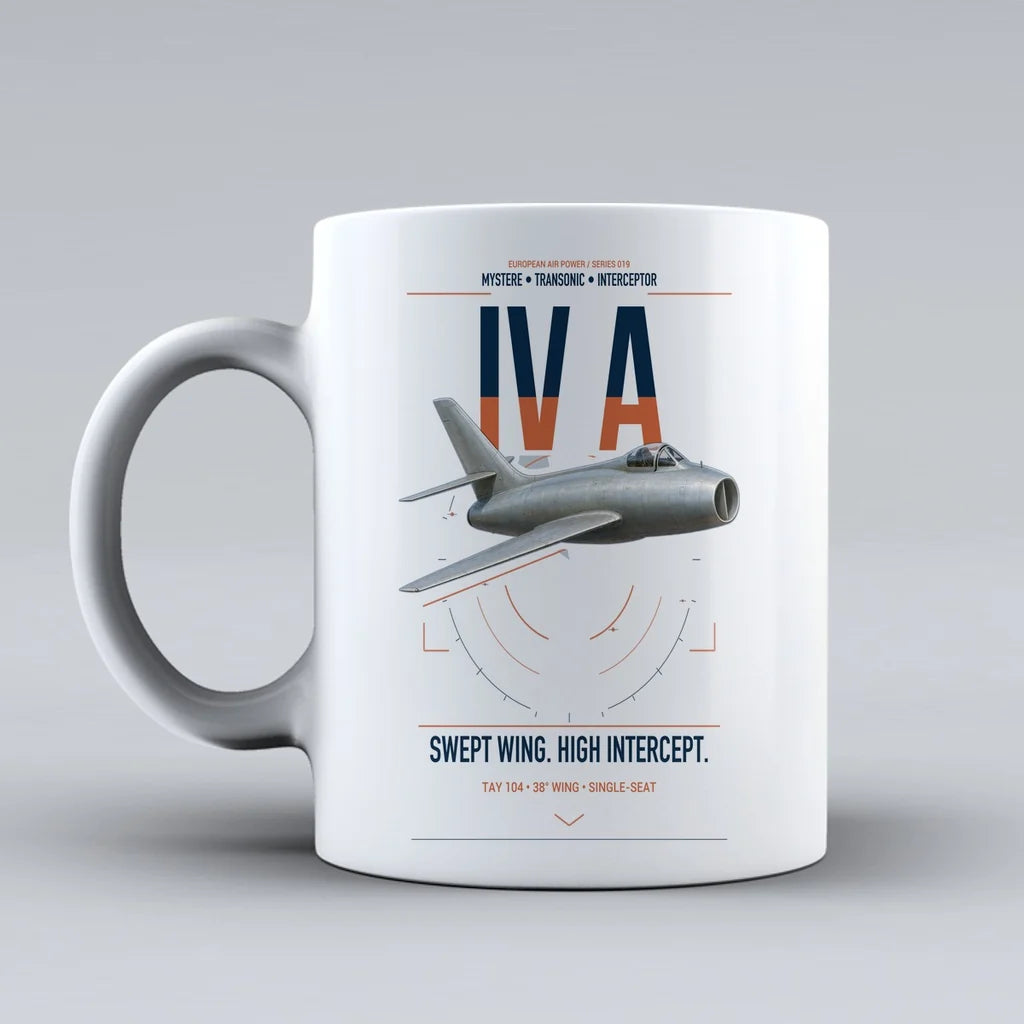 Dassault Mystère IV A design on white ceramic mug, double-side print