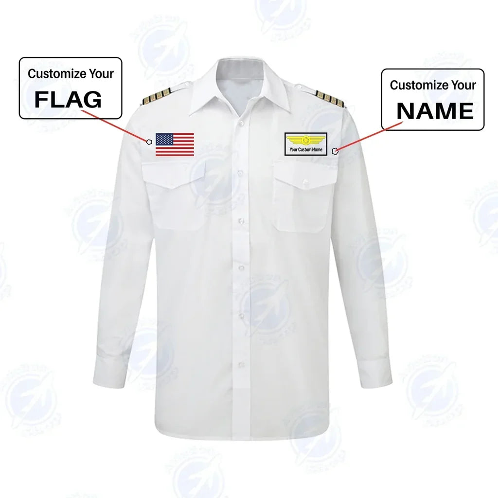 Custom Flag & Name with EPAULETTES (Badge 1) aviation design printed on crisp poplin cotton long-sleeve pilot shirt.