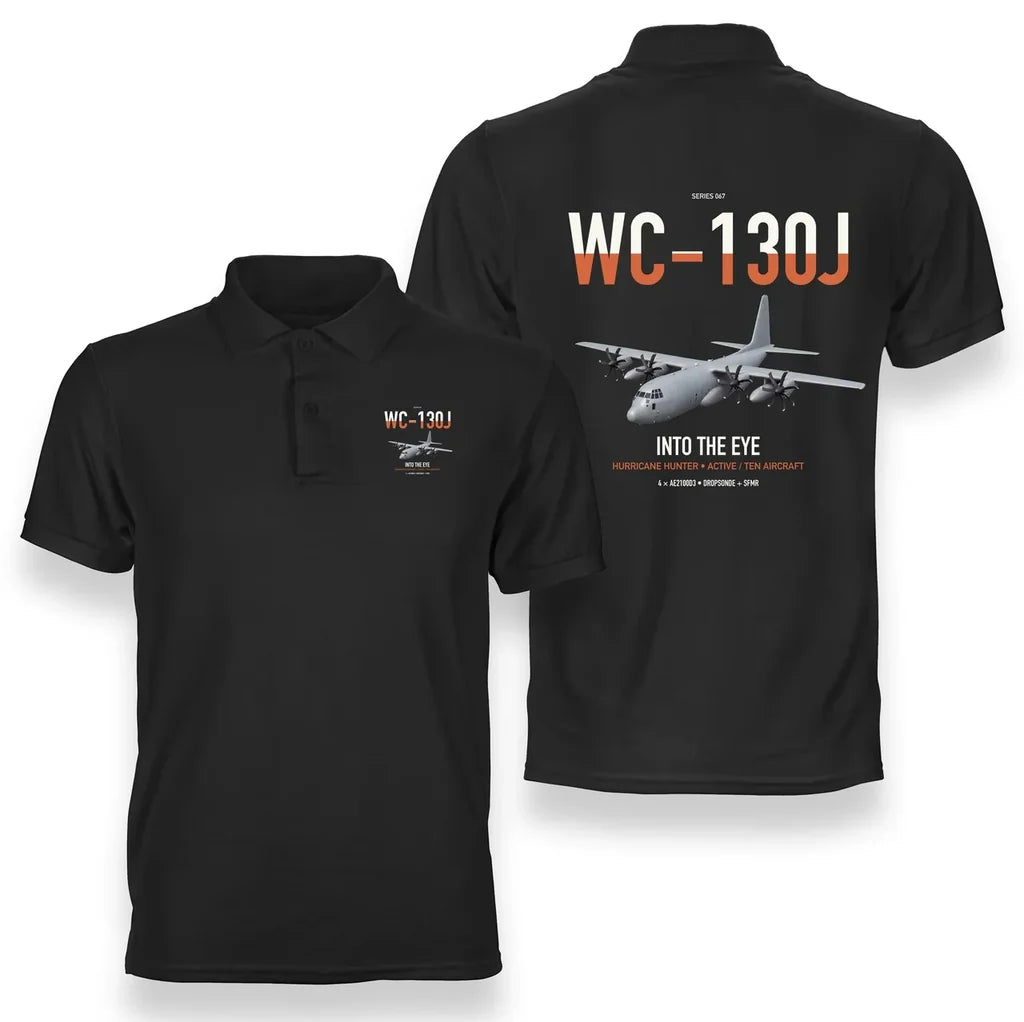WC-130J Hurricane Hunter design on black double-side polo t-shirt, double-side print