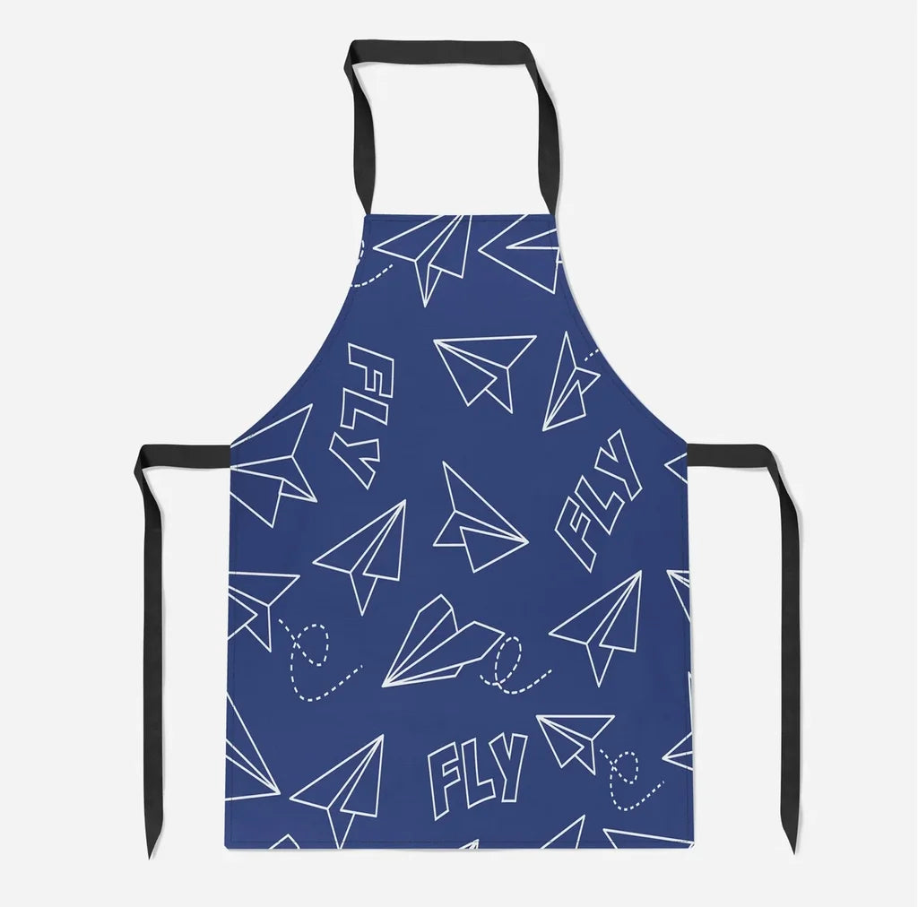 Paper Airplane & Fly (Blue) aviation design on durable cotton blend kitchen apron.