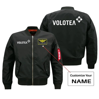 Volotea Airlines aviation design with custom name embroidered on black bomber jacket