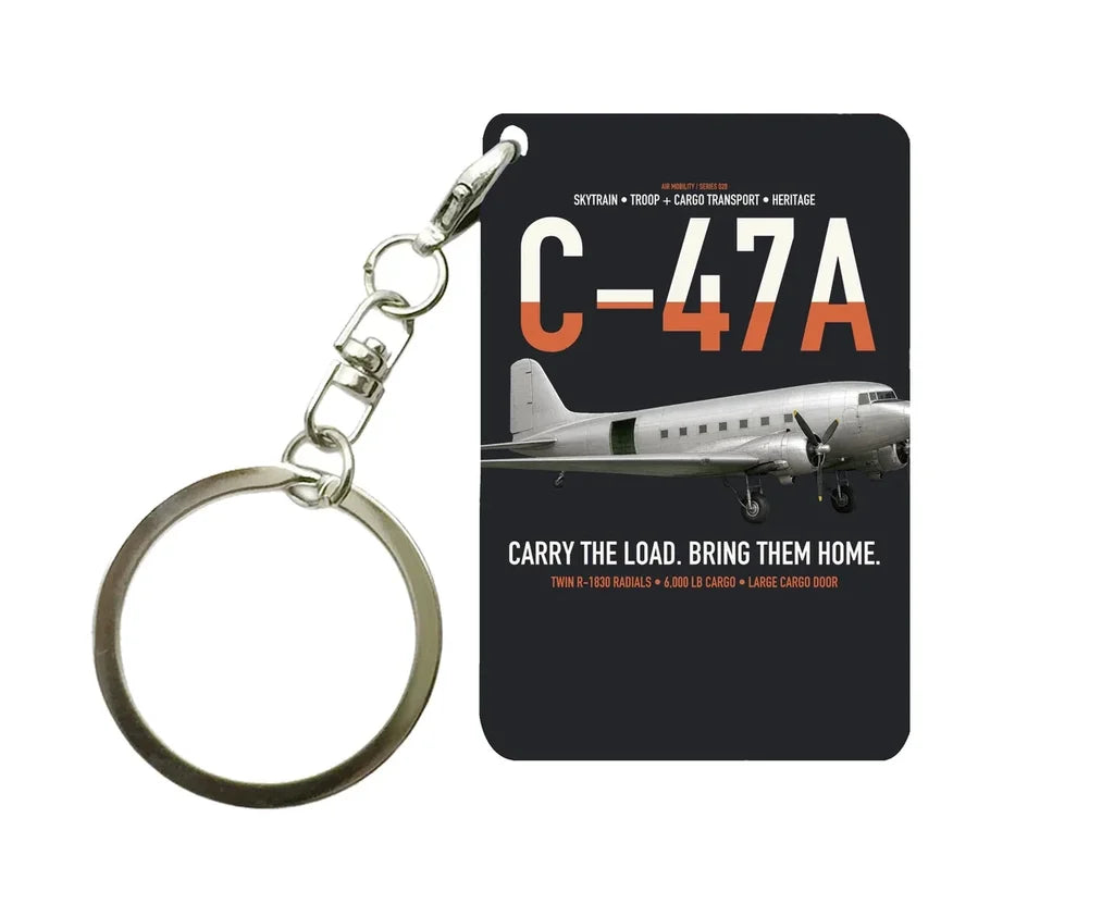 C-47A Skytrain design on black designed key chain, double-side print