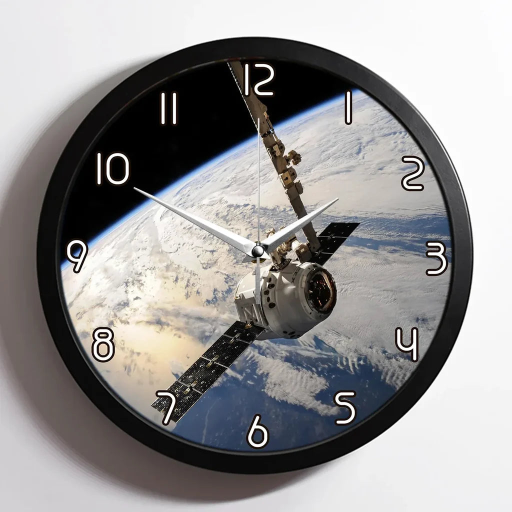 World View from Space aviation design on premium wood and metal wall clock.
