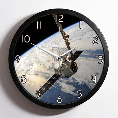 World View from Space aviation design on premium wood and metal wall clock.