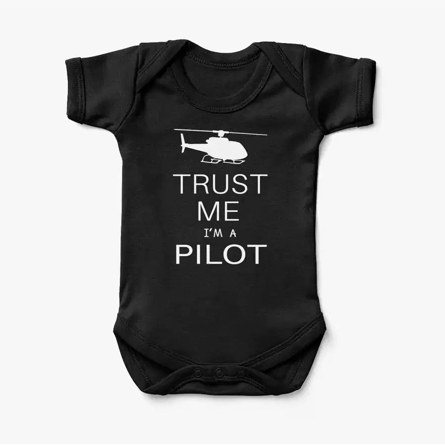 Trust Me I'm a Pilot (Helicopter) aviation print on kids gentle cotton bodysuit.
