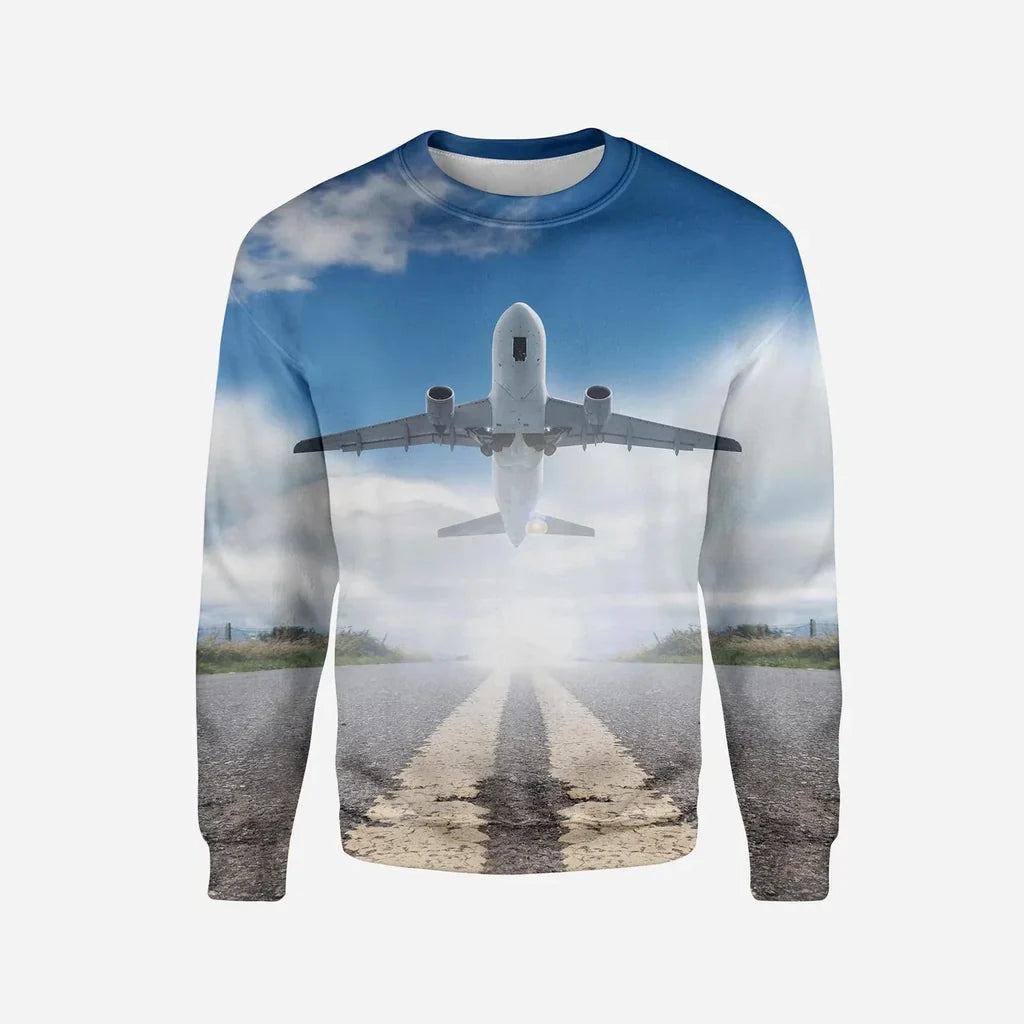 Taking off Aircraft Printed aviation design printed on soft cotton blend 3D sweatshirt.