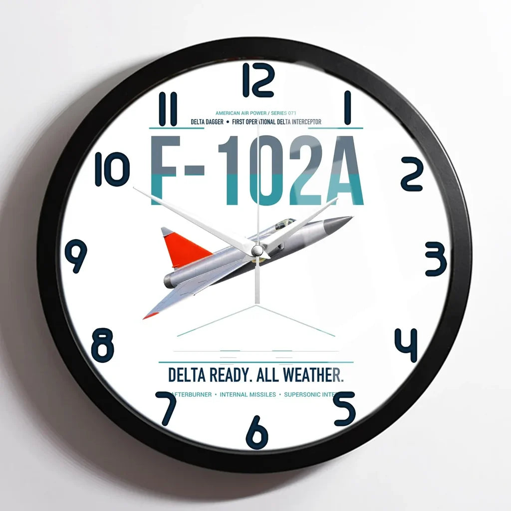 F-102A Delta Dagger design on white framed wall clock