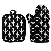 Thumbnail for Perfectly Sized Seamless Airplanes Black Kitchen Glove & Holder aviation design on durable fabric with insulated lining kitch.