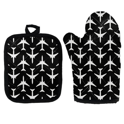 Perfectly Sized Seamless Airplanes Black Kitchen Glove & Holder aviation design on durable fabric with insulated lining kitch.