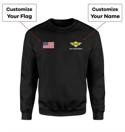 Custom Flag & Name with Badge 5 aviation design printed on soft cotton blend sweatshirt.