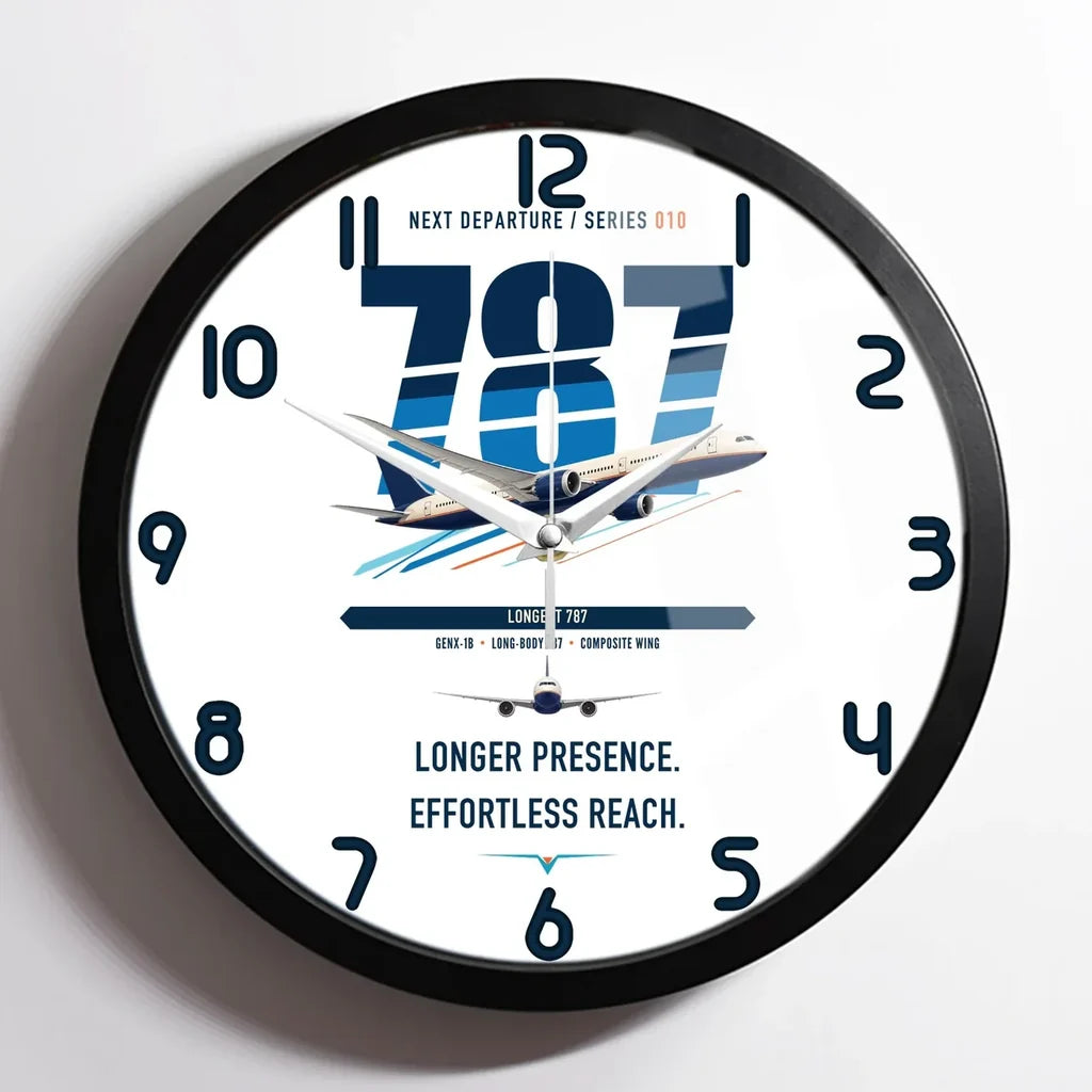 Boeing 787-10 Dreamliner design on white framed wall clock