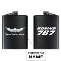 Thumbnail for Boeing 767 & Text aviation design on stainless hip flask, compact pocket-size flask.