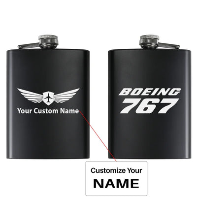 Boeing 767 & Text aviation design on stainless hip flask, compact pocket-size flask.