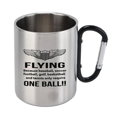 Flying One Ball aviation design on outdoor mug, durable insulated construction.