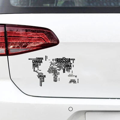 World Map (Text) Car aviation design car sticker in weather-resistant vinyl.