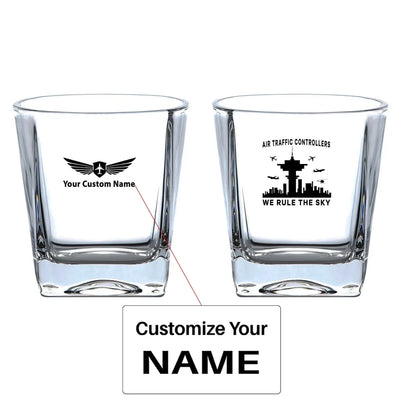 Air Traffic Controllers - We Rule The Sky aviation design on whiskey glass, crystal-clear premium glassware.