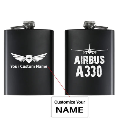 Airbus A330 & Plane aviation design on stainless hip flask, compact pocket-size flask.