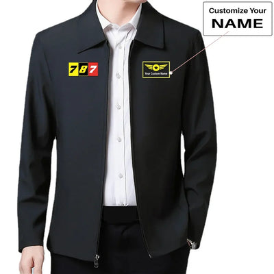 Flat Colourful 787 aviation design printed on modern wool-blend shell with tailored fit stylish coat.