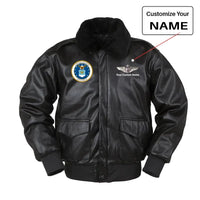 Thumbnail for US Air Force Main Patch aviation design printed on genuine leather with shearling-style collar leather bomber jacket.