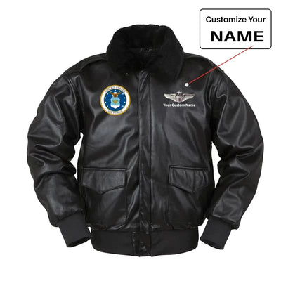 US Air Force Main Patch aviation design printed on genuine leather with shearling-style collar leather bomber jacket.