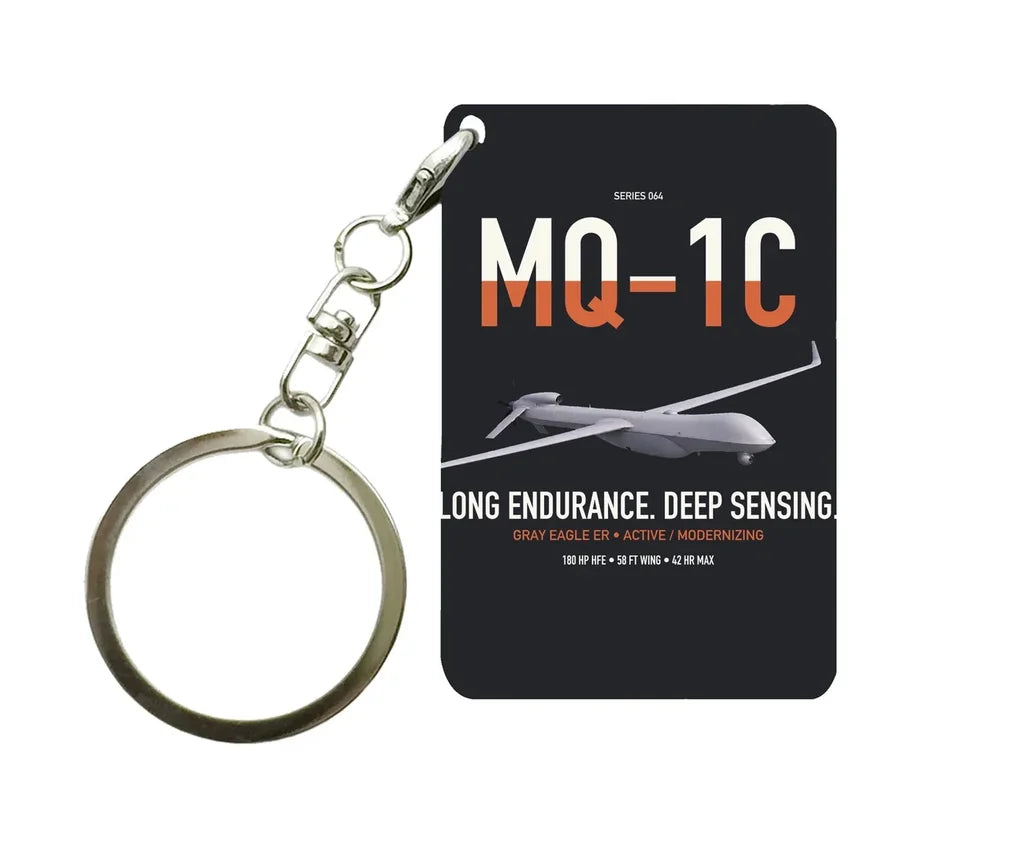 MQ-1C Gray Eagle ER design on black designed key chain, double-side print