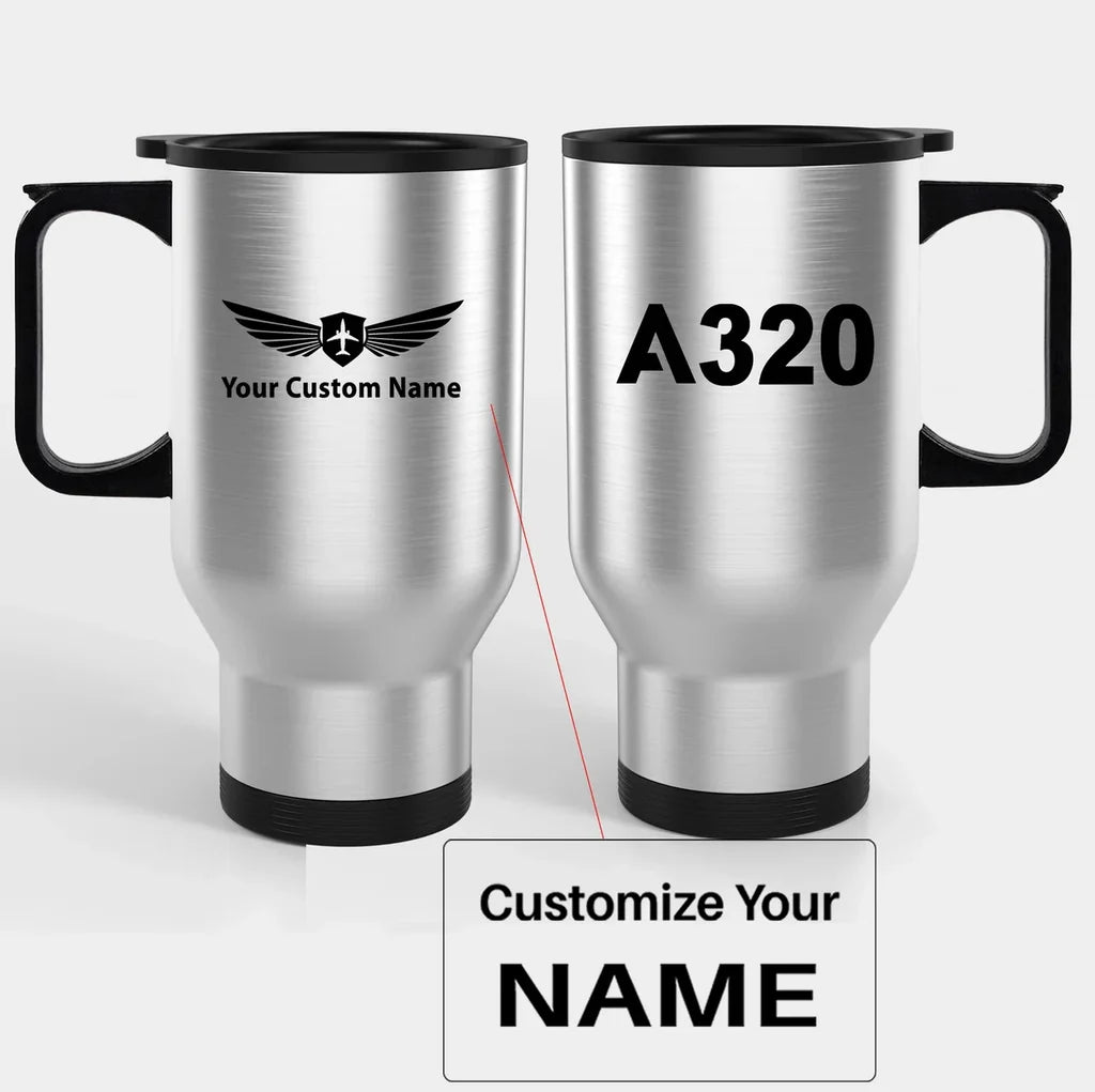 Airbus A320 Flat Text Travel Mugs (With Holder) aviation design on travel mug with holder, insulated double-wall with car-cup.