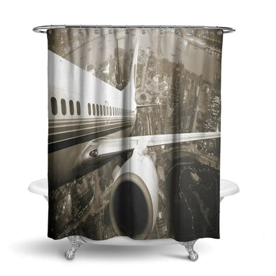 Departing Aircraft & City Scene behind aviation design on waterproof polyester shower curtain.