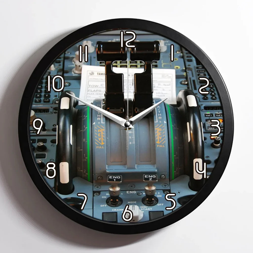 Airbus A320 Cockpit aviation design on premium wood and metal wall clock.
