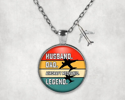 Side view of Husband & Dad & Aircraft Mechanic & Legend aviation necklace in stainless steel, polished finish.