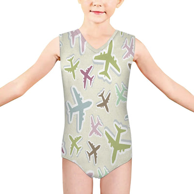 Seamless 3D Airplanes aviation print on kids quick-dry fabric swimsuit.