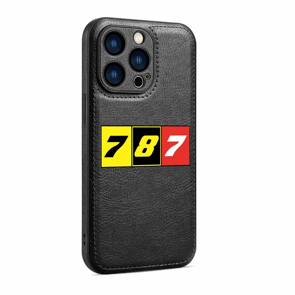 Flat Colourful 787 aviation print leather iPhone case, fits iPhone.