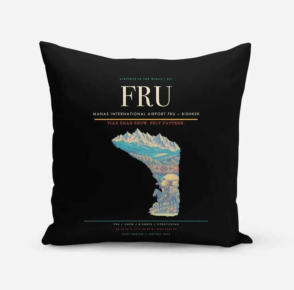 Manas International Airport (FRU) design on black pillow