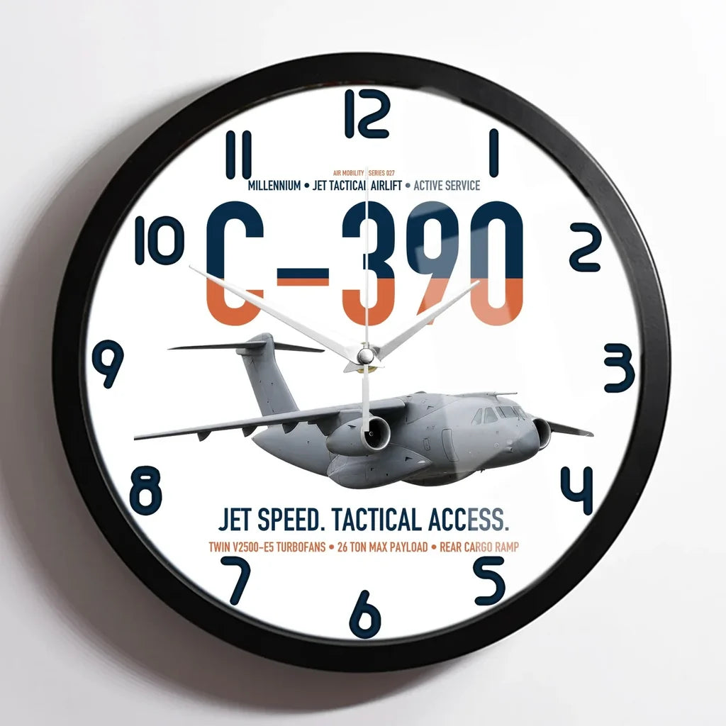 C-390 Millennium design on white framed wall clock