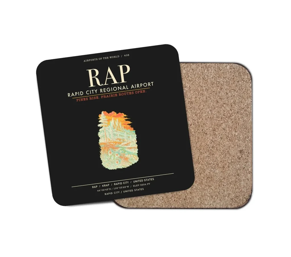 Rapid City Regional Airport (RAP) design on black 1 piece coaster