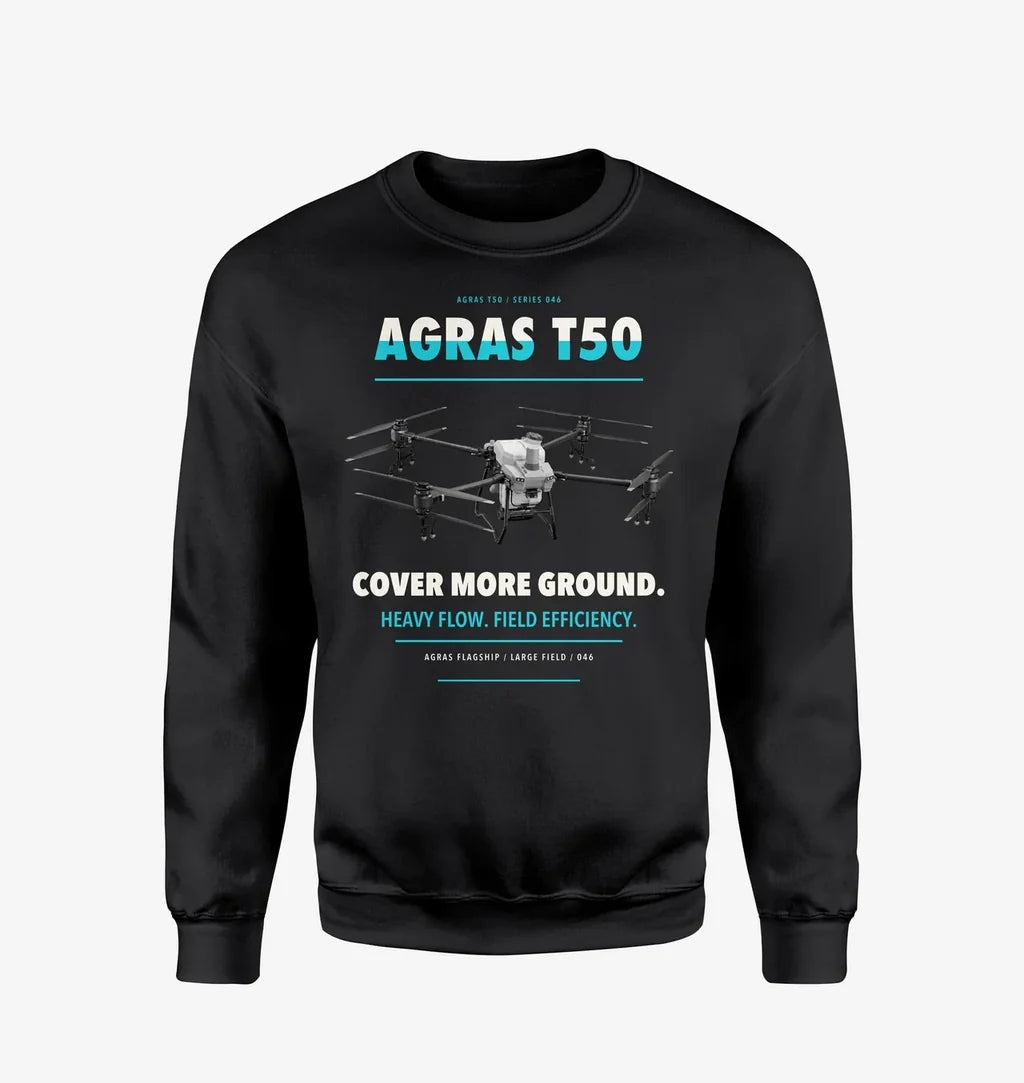 DJI Agras T50 design on black sweatshirt