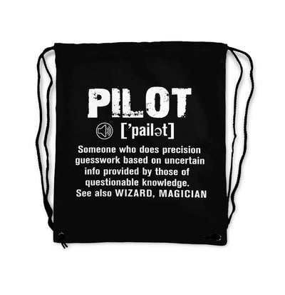 Pilot [Noun] aviation drawstring bag in lightweight polyester.