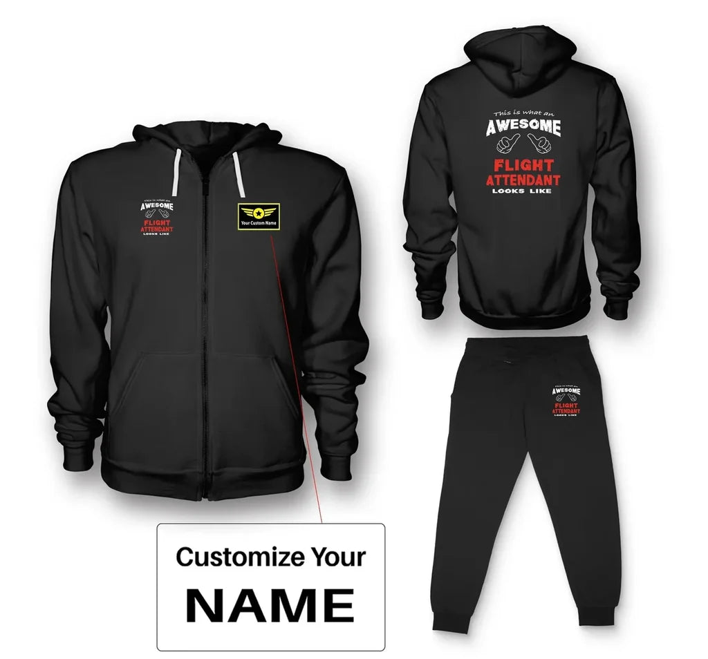 Flight Attendant aviation design on soft cotton blend zipped hoodie and sweatpants set.