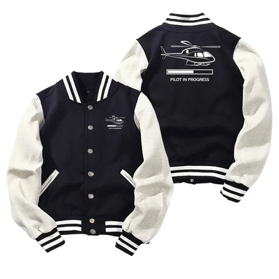Pilot In Progress (Helicopter) Baseball Style aviation design printed on two-tone shell with ribbed cuffs baseball jacket.