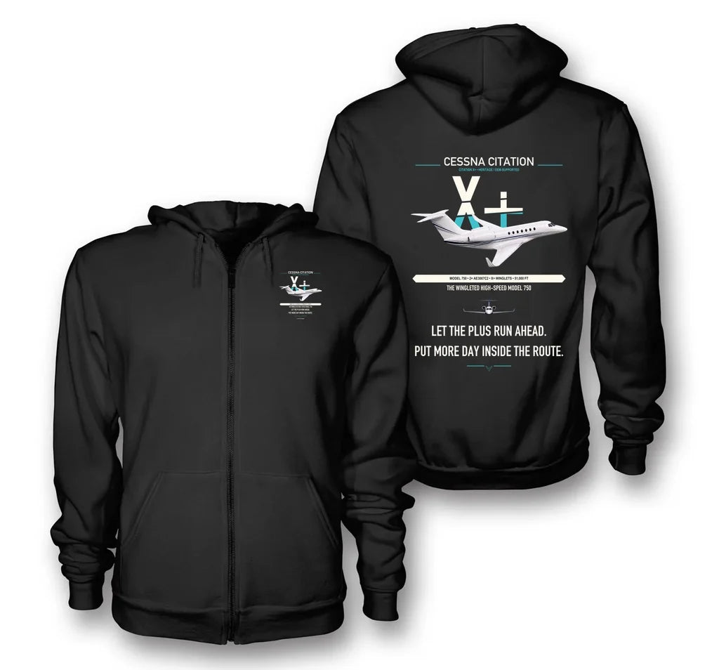 Cessna Citation X+ design on black premium zipped hoodie, double-side print