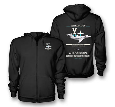 Cessna Citation X+ design on black premium zipped hoodie, double-side print