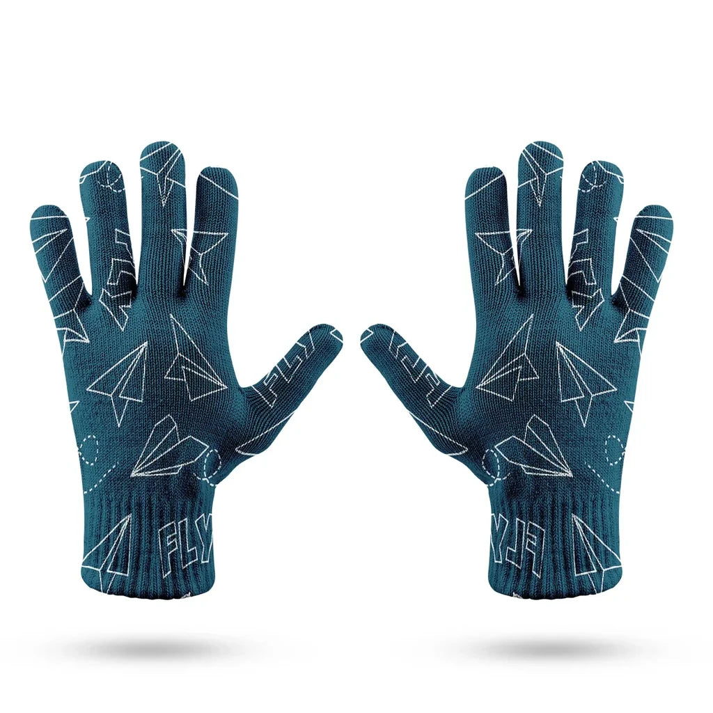 Paper Airplane & Fly Green aviation design on soft knit fabric gloves.
